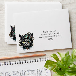 Enveloppe Chatte steampunk mignonne avec des horloges et des