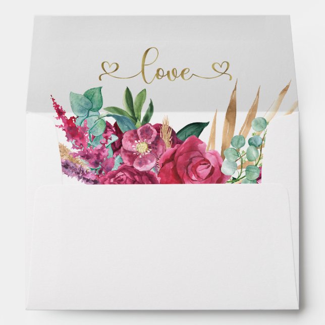 Enveloppe Chaud rose Magenta Floral Élégant Gold Script Coeu (Dos (Bas))