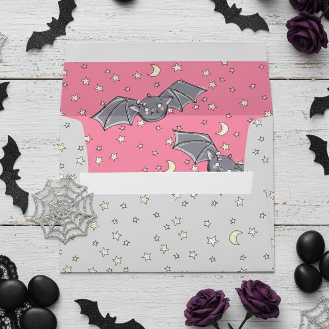 Enveloppe Chauves-souris roses et gris mignonnes en étoile (Cute Spooky Bats, Stars & Moons Halloween Envelopes in Hot Pink for Kids. Girly Bat Pattern for Her.)