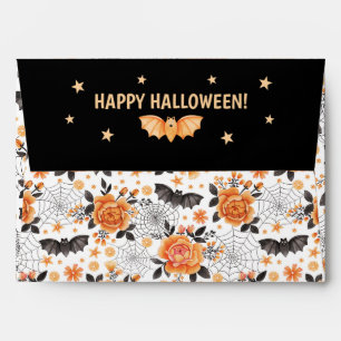 Enveloppe Chauves-souris, toiles d'araignées et fleurs Hallo