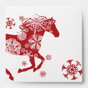 Enveloppe Cheval de Noël des flocons rouges et blancs