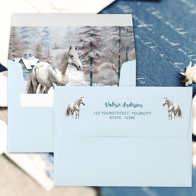 Enveloppe Cheval hiver scène neige forêt Noël (Horse Christmas winter scenery blue envelopes with return address)