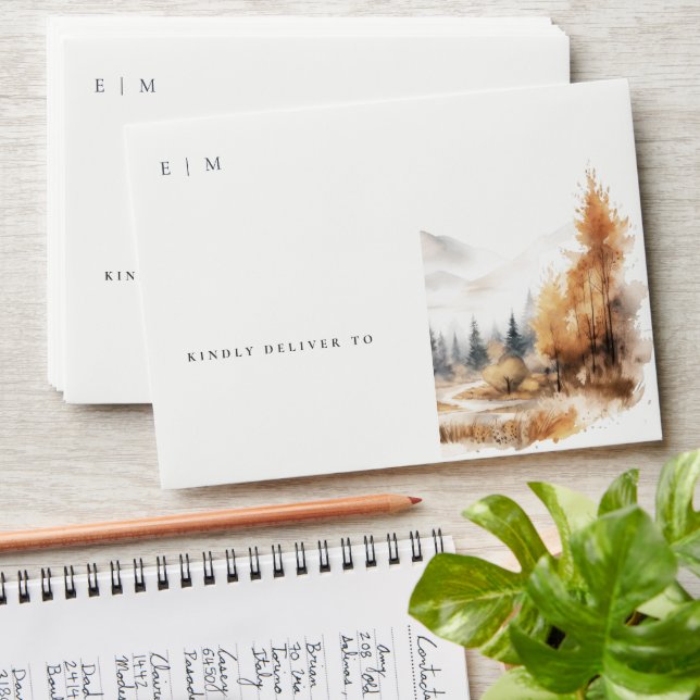 Enveloppe Chic Aquarelle Automne Mariage Paysage Automne (Stacked)