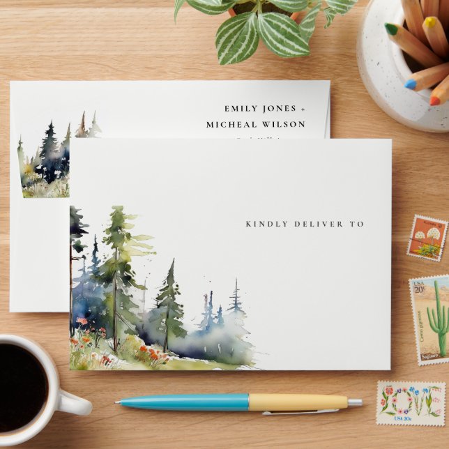 Enveloppe Chic aquarelle Pine Forest Mariage paysage (Desk)