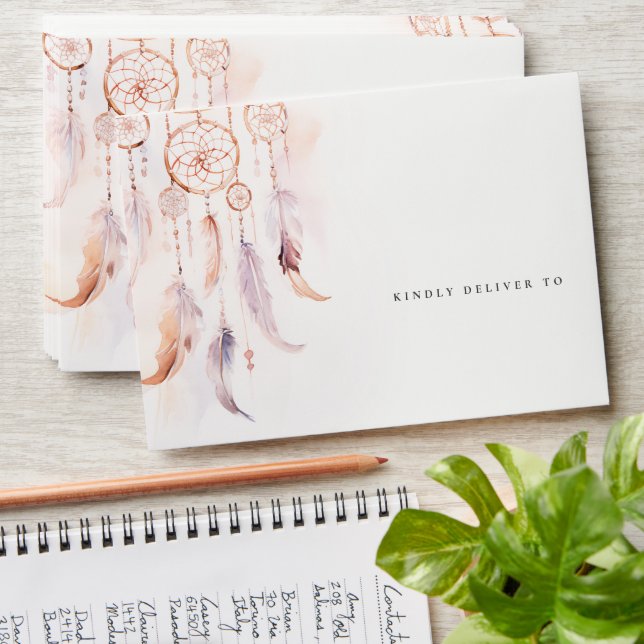 Enveloppe Chic Boho Feather Dreamcatcher Watercolor Mariage (Stacked)