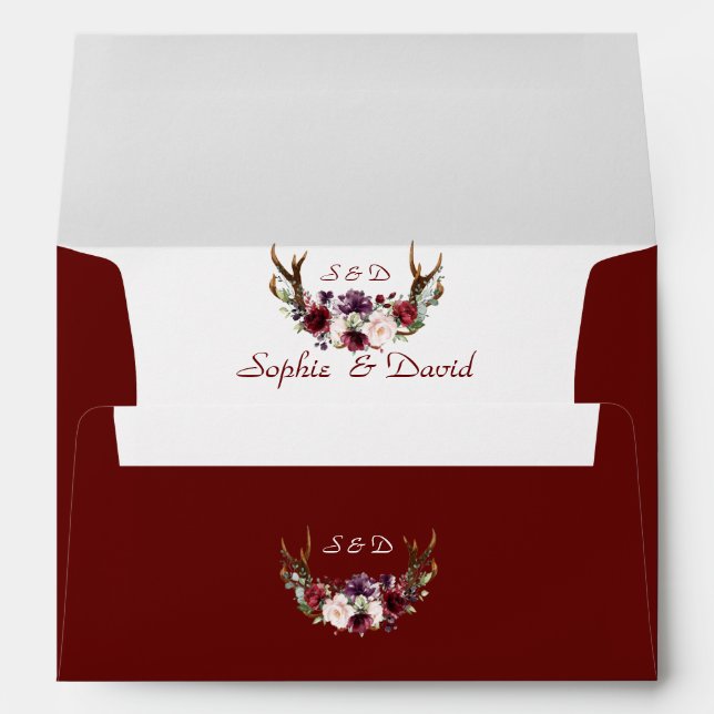 Enveloppe Chic Bourgogne Marsala Floral Antlers Mariage (Dos (Bas))