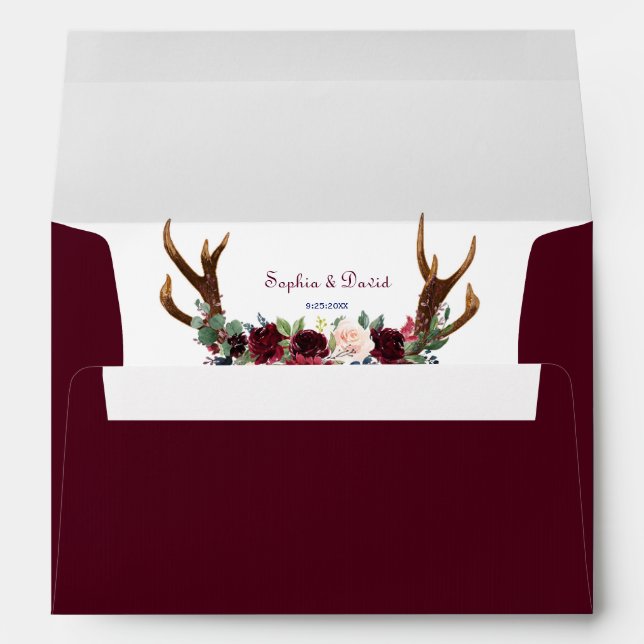 Enveloppe Chic Bourgogne Marsala Floral Antlers Mariage (Dos (Bas))