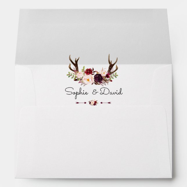 Enveloppe Chic Bourgogne Marsala Floral Antlers Mariage (Dos (Bas))