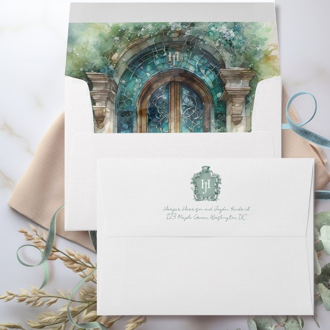 Enveloppe Chic Eternel Vert, Bleu, Turquoise Mariage Monogra (Créateur téléchargé)
