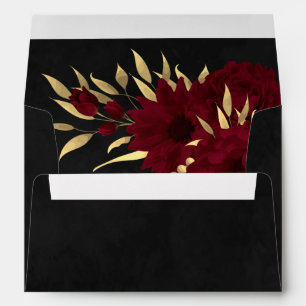 Enveloppe chic fleurs bordeaux or feuille botanique