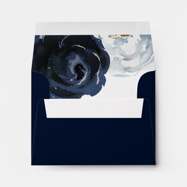 Enveloppe Chic Navy Blue Peony Adresse pré-imprimée RSVP (Dos (Bas))