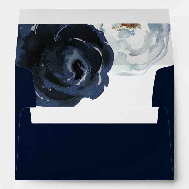 Enveloppe Chic Navy Blue Peony Adresse préimprimée 5x7 (Dos (Bas))