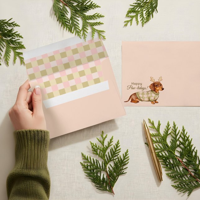 Enveloppe Chien joli dachshund au pull à carreaux de Noël (Cute Dachshund Dog Christmas Checkered Sweater Envelope)