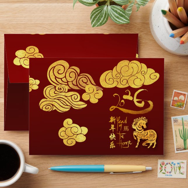 Enveloppe Chinese New Year Horse 2026 Gold Clouds Red E (Desk)
