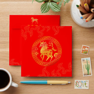 Enveloppe Chinese New Year Lunar 2026 Fire HORSE 中国传统新年 Red 