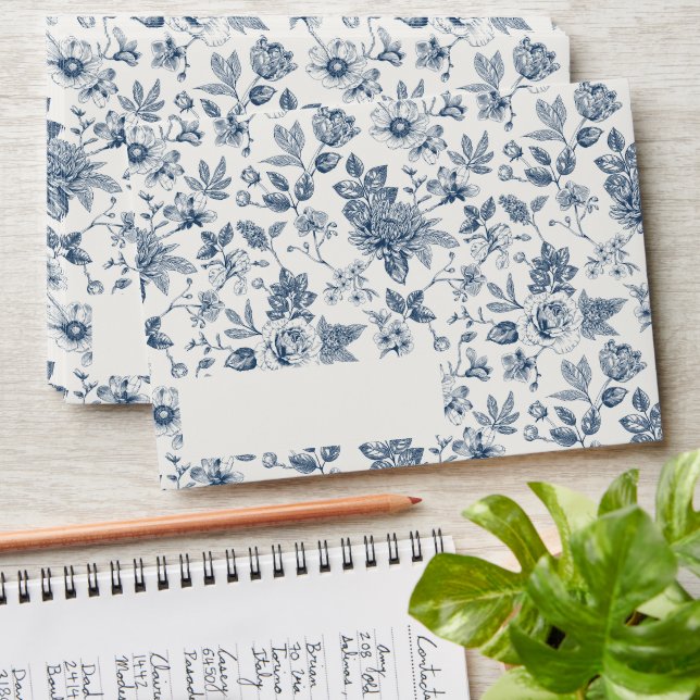 Enveloppe Chinoiserie Blue Floral Français Vintage esthétiqu (Stacked)