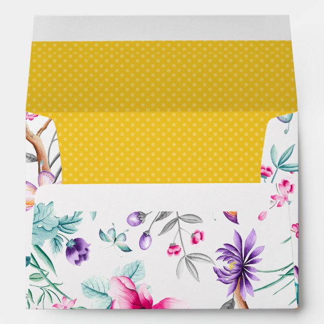 Enveloppe Chinoiserie violette, rose, jaune pointillée (Dos (Bas))