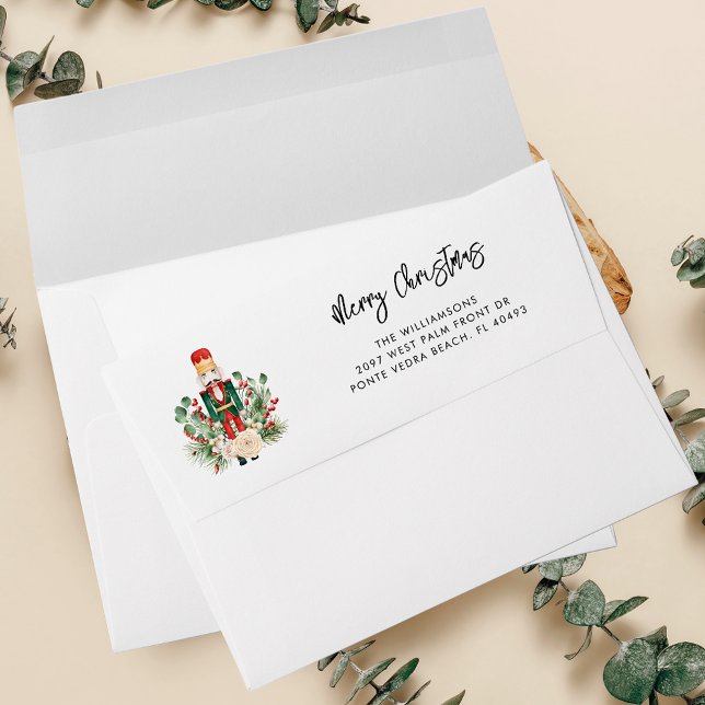 Enveloppe Christmas Festif Nutcracker Modern Return Adresse (Christmas Botanical Nutcracker Greenery White Interior Return Addressed Envelope)