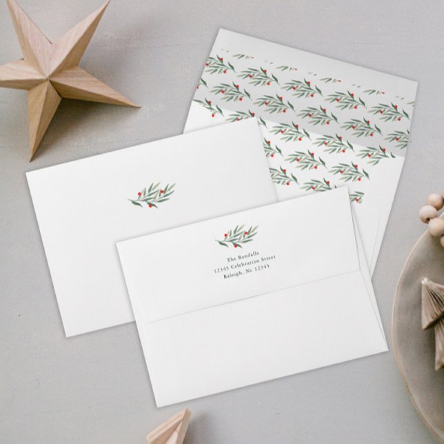 Enveloppe Christmas Greenery Feuilles Berries Retour Adresse (Elegant watercolor greenery branch with berries christmas holiday card envelopes.)