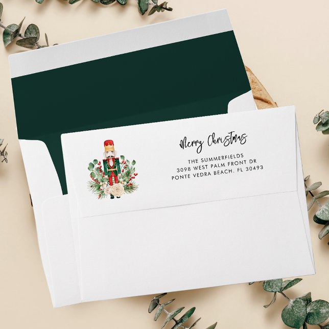 Enveloppe Christmas Holiday Nutcracker Script Retourner l'ad (Christmas Botanical Nutcracker Greenery Green Interior Return Addressed Envelope)