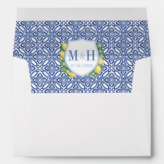 Enveloppe Citrons Amalfi Carreaux Bleus Monogramme Adresse d