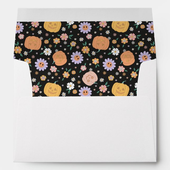 Enveloppe Citrouilles d'Halloween rétro et Motif de fleurs (Dos (Bas))