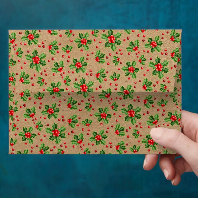 Enveloppe Classic Holiday Green Holly Red Berries (Hand)