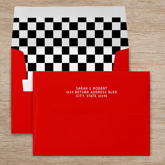 Enveloppe Clavier noir blanc et rouge Retro Diner Mariage (Retro Diner Checkerboard Black White & Red Wedding Envelope)