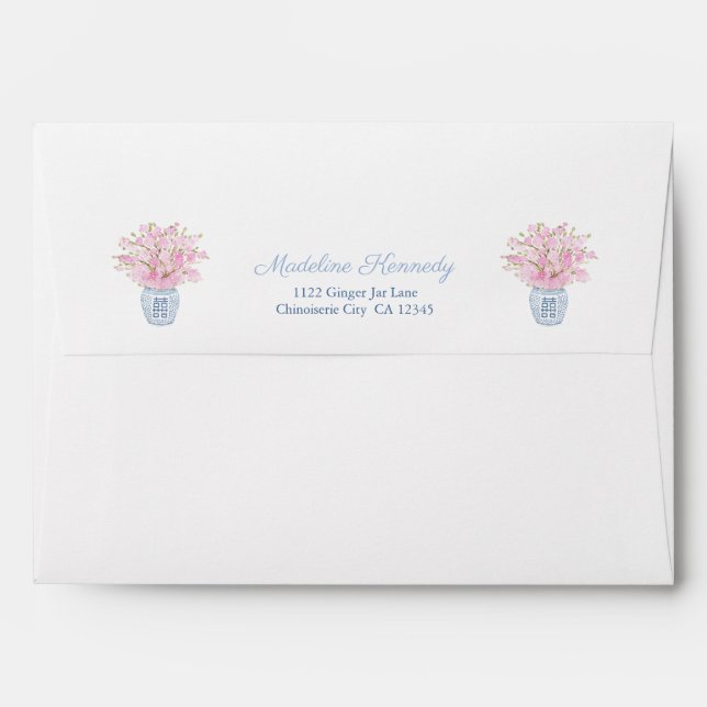 Enveloppe Clé grecque blanche Preppy Chic Navy avec fleurs r (Dos (Haut rabat))