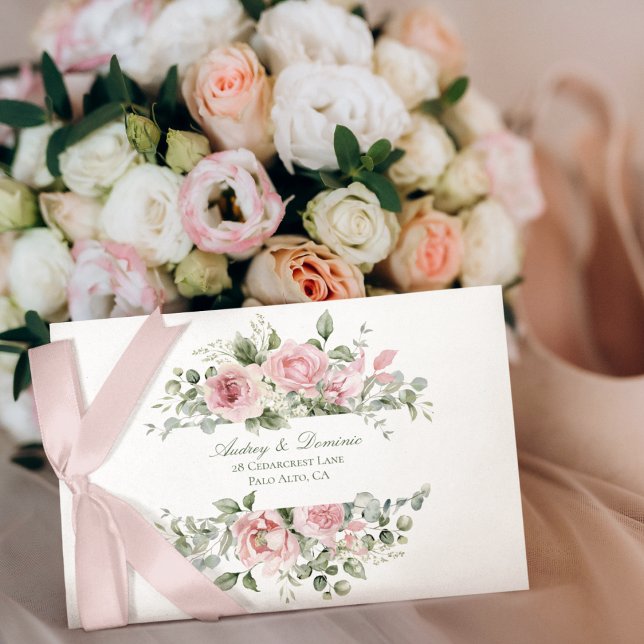 Enveloppe Collection de RSVP de mariage auto-adressée floral (Elegant floral wedding RSVP collection envelope with pink roses and greenery for garden weddings)