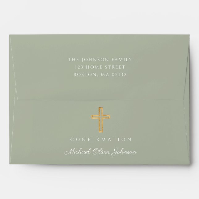 Enveloppe Confirmation religieuse moderne Sage Green Cross B (Dos (Haut rabat))