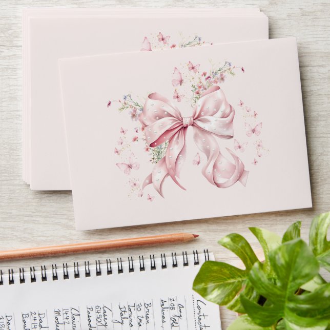 Enveloppe Coquette Pink Bow & Pearl Floral Butterflies (Stacked)