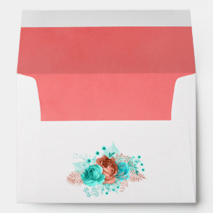 Enveloppe Corail vivant et Mariage floral turquoise