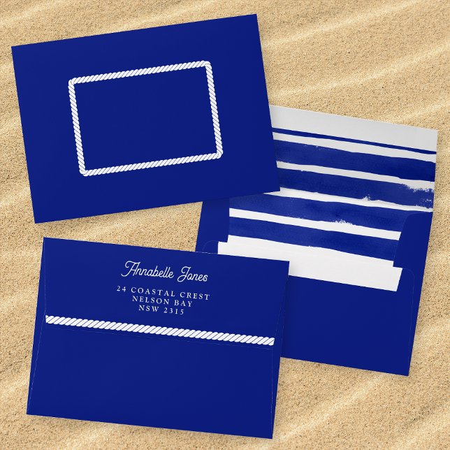 Enveloppe Corde d'aquarelle bleu Mariage nautique triée (Mockup of front, back and inside of envelope.)