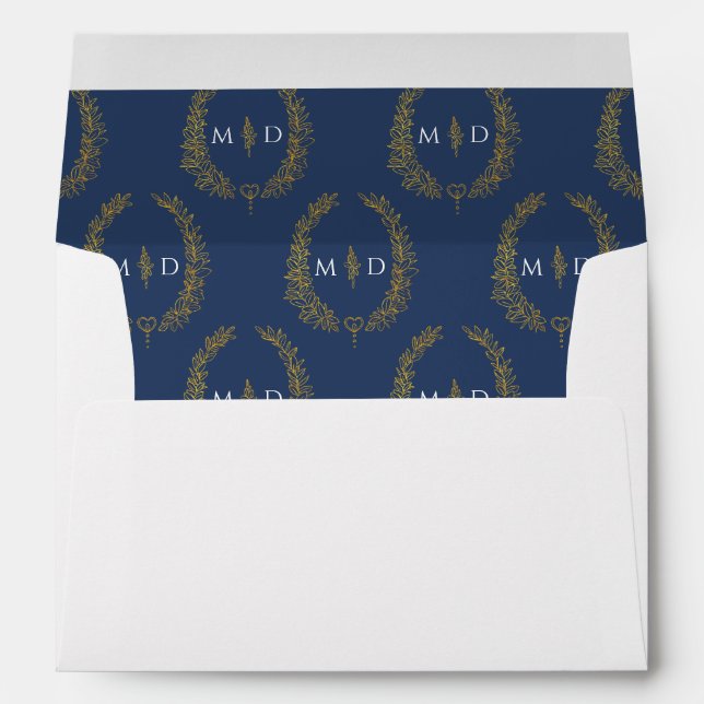 Enveloppe Couleur or bleu foncé blanc monogramme mariage de  (Dos (Bas))