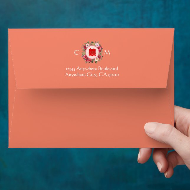 Enveloppe Courbe fleurie orange initiales du mariage chinois (Hand)