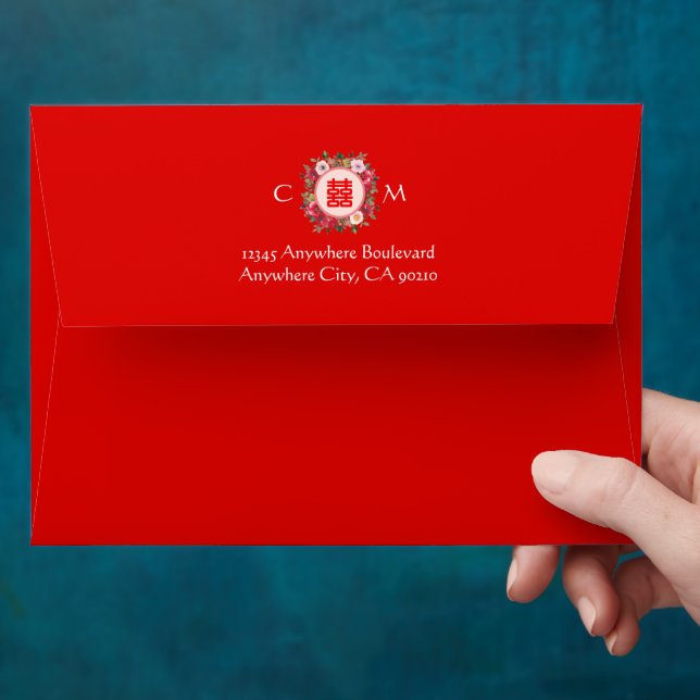 Enveloppe Couronne fleurie rouge initiales du couple mariage (Hand)