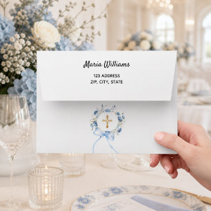 Enveloppe Couronne florale bleue croix dorée adresse de reto