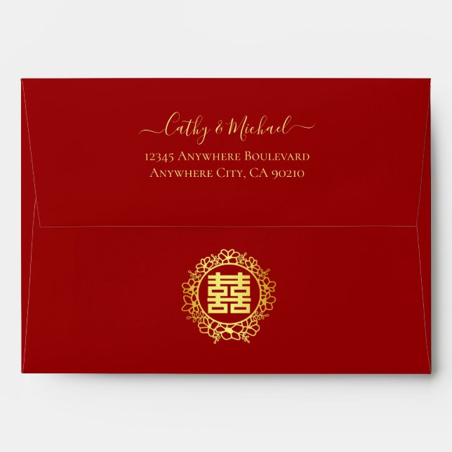 Enveloppe Couronne florale double bonheur mariage chinois ro (Dos (Haut rabat))