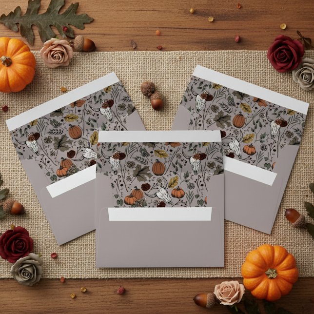Enveloppe Crâne de vache taupe occidentale pour la récolte d (Western Cow Skull & Fall Harvest Thanksgiving, Autumn Taupe Gray Envelopes. Pumpkins, Acorns, Leaves)