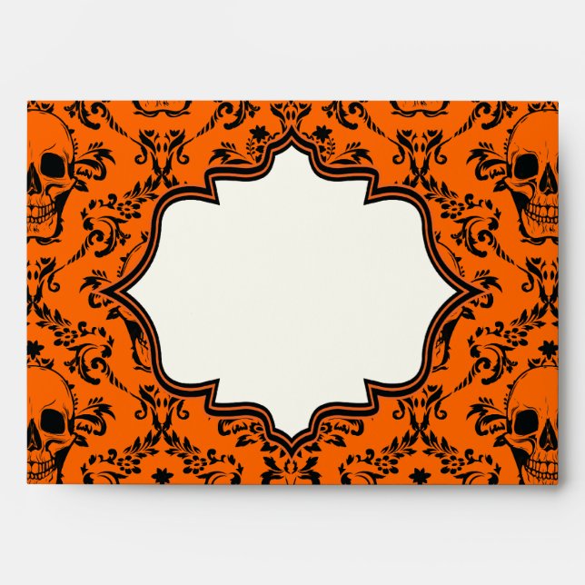 Enveloppe Crânes damassé orange noir Halloween mariage (Devant)