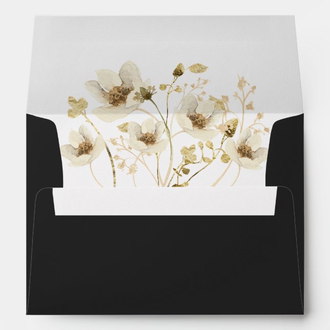 Enveloppe Crème d'Or Noir Fleur de Mariage Adresse de Retour (Dos (Bas))