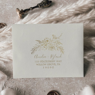 Enveloppe Crème florale dorée et or auto-adressé RSVP