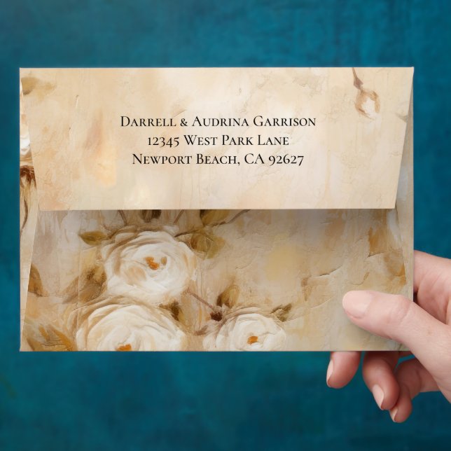 Enveloppe Crème romantique Roses blanches Mariage (Hand)