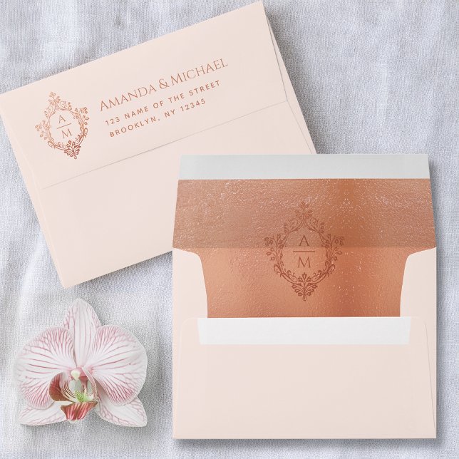 Enveloppe Crest Rose Rose Or Mariage Monogramme 2 Initiales (Créateur téléchargé)
