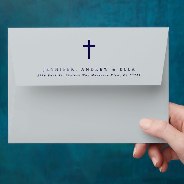 Enveloppe Croix Bleue Calligraphie Marine Baptême Invitation (Hand)