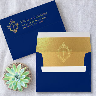 Enveloppe Croix Crête Royale Bleu Faux Or Élégant Religieux