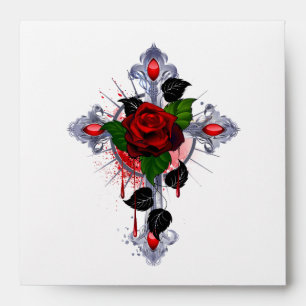 Enveloppe Croix d'argent avec une rose rouge