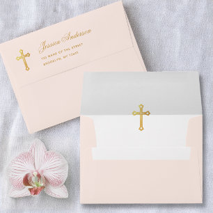 Enveloppe Croix en or rose pâle et élégant script religieux