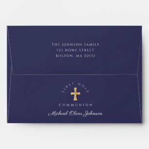 Enveloppe Croix religieuse bleu marine Première communion de